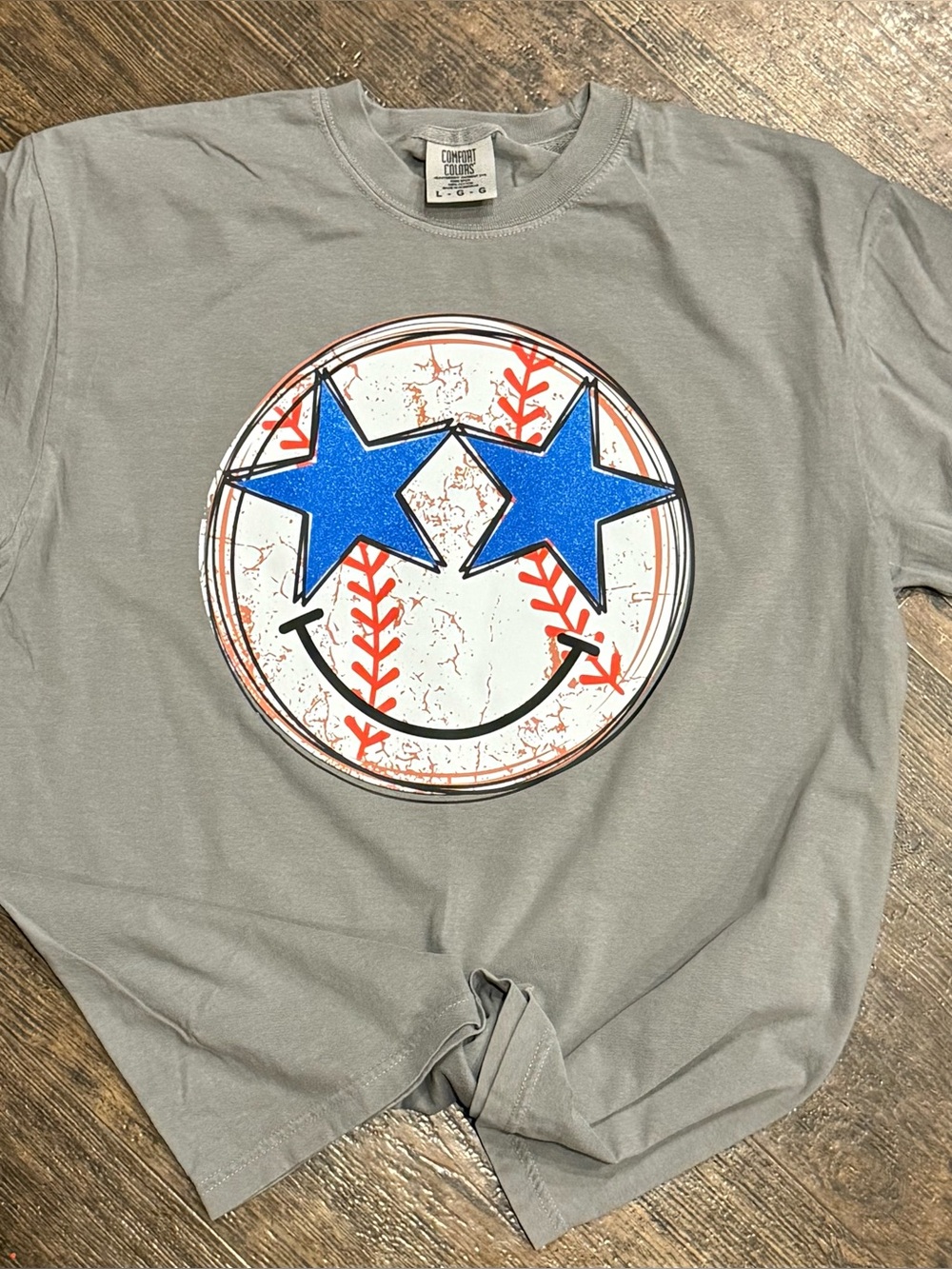 Gray Tee with Blue Star Baseball Smile Graphic